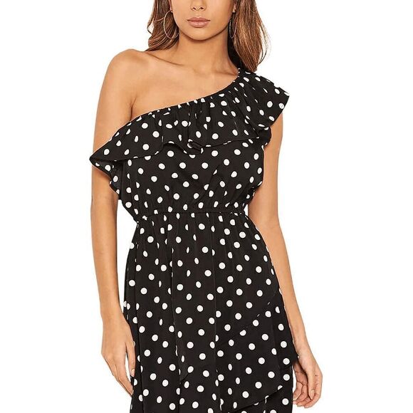 One Shoulder Ruffle Cute Polka Dot Elastic Waist Hi-Lo Flowy Dress SIZE M NEW - Picture 7 of 16